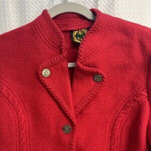 Vtg Hundt Model Red Boiled Wool Crochet Trim Military Cardigan Sweater Jacket